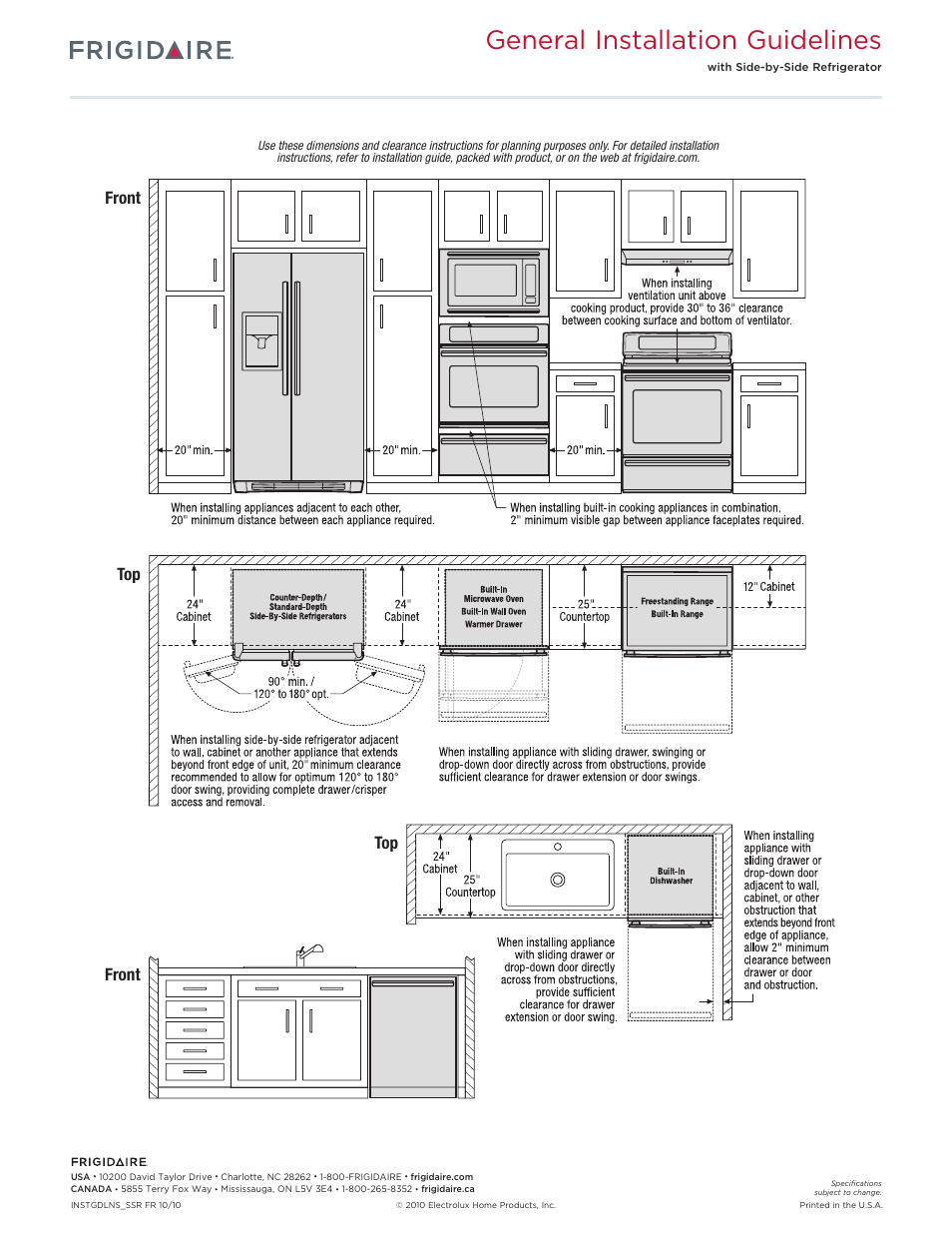 General installation guidelines, Front top front | FRIGIDAIRE SLIDE-IN RANGE FPDS3085K F User Manual | Page 4 / 5