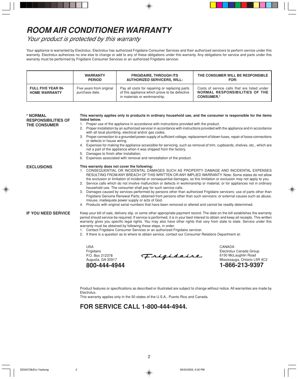Room air conditioner warranty, Your product is protected by this warranty | FRIGIDAIRE 220218A007 User Manual | Page 2 / 11