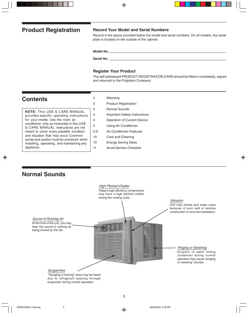 Product registration contents normal sounds | FRIGIDAIRE 220218A007 User Manual | Page 3 / 11