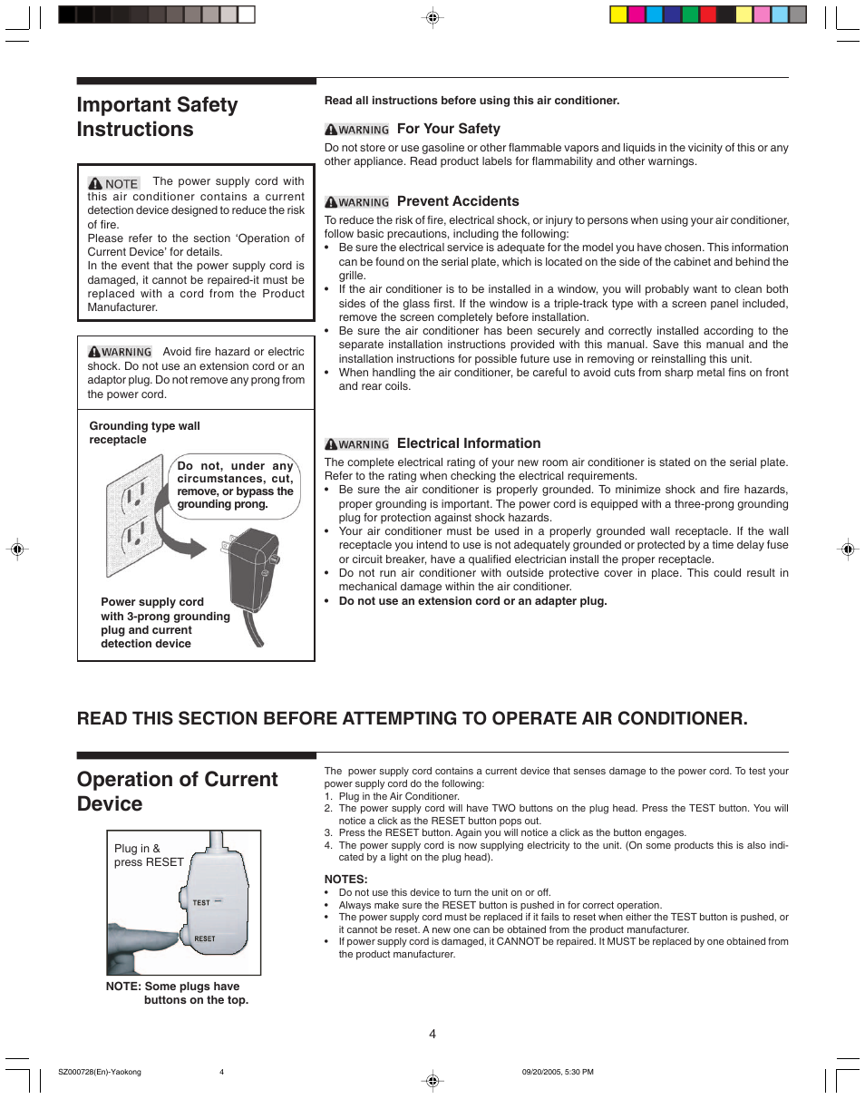 Important safety instructions, Operation of current device | FRIGIDAIRE 220218A007 User Manual | Page 4 / 11