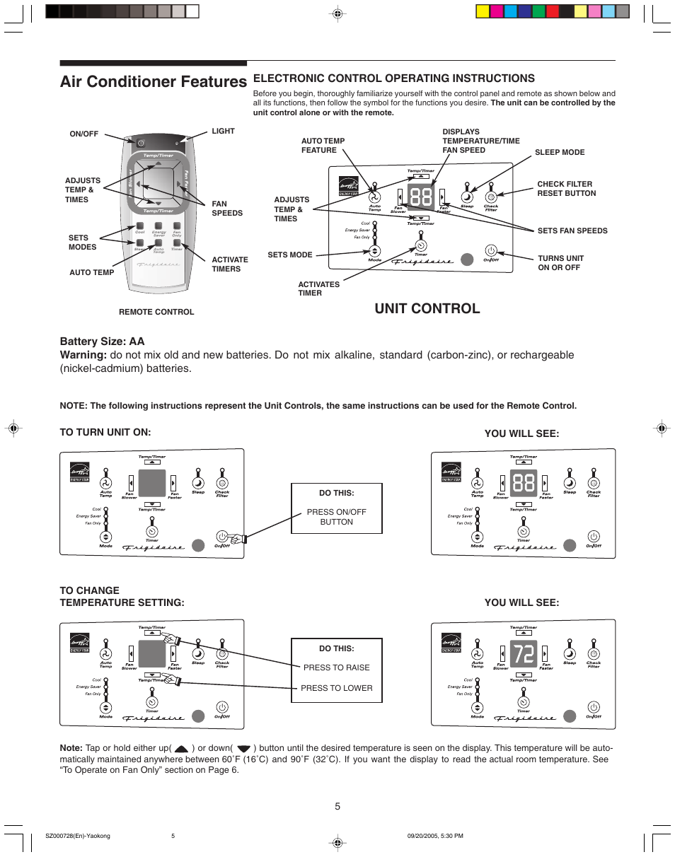 Air conditioner features, Unit control, Electronic control operating instructions | FRIGIDAIRE 220218A007 User Manual | Page 5 / 11