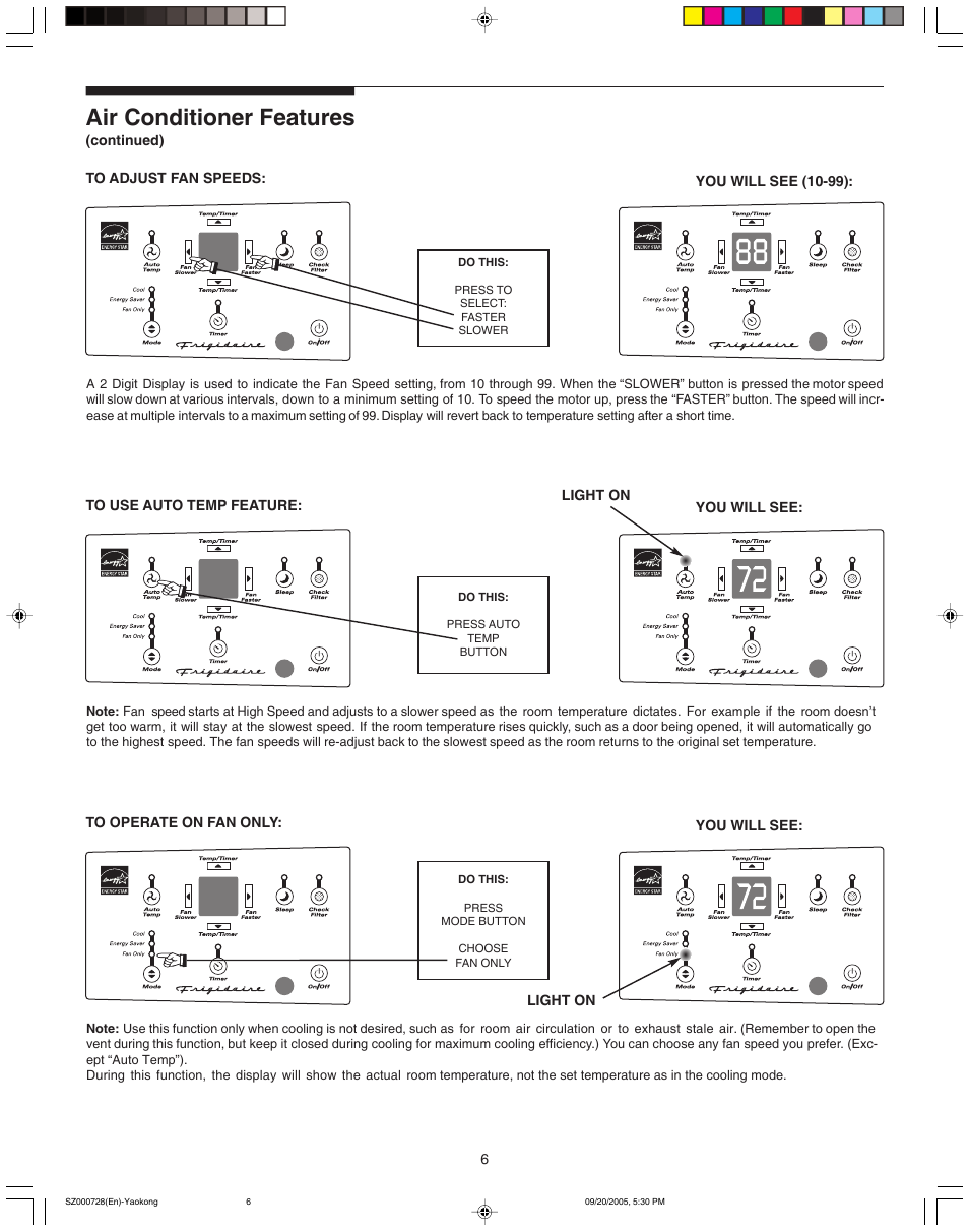 Air conditioner features | FRIGIDAIRE 220218A007 User Manual | Page 6 / 11