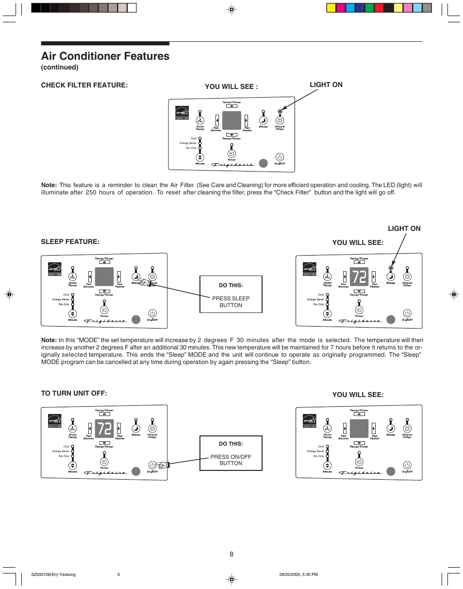 Air conditioner features | FRIGIDAIRE 220218A007 User Manual | Page 8 / 11