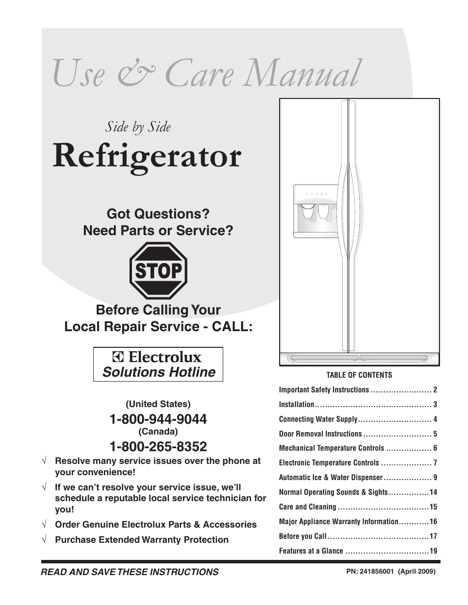 FRIGIDAIRE 241856001 User Manual | 19 pages