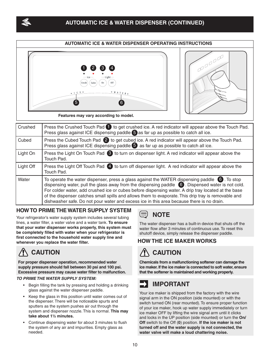 Caution, Important | FRIGIDAIRE 241856001 User Manual | Page 10 / 19