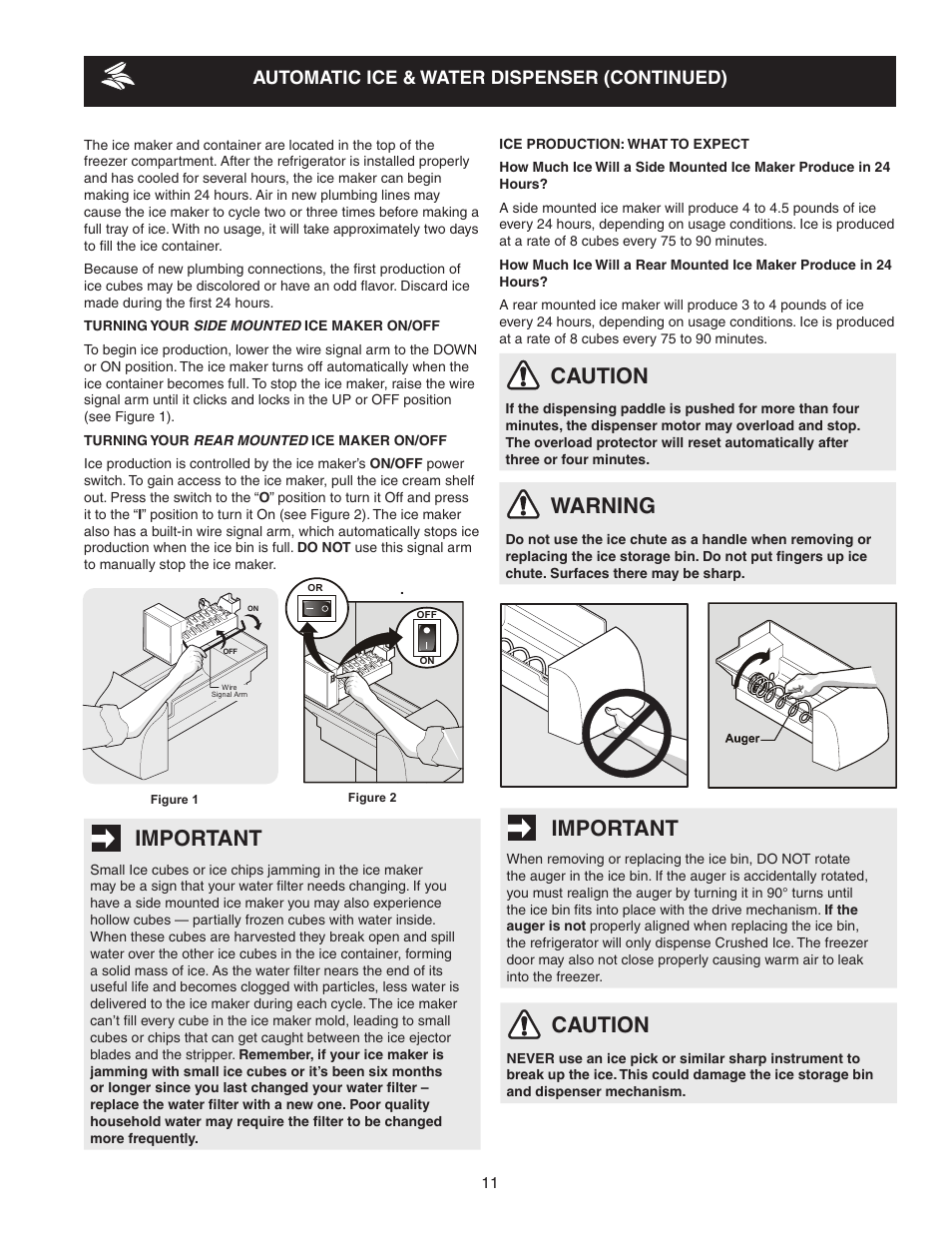 Important, Caution, Warning | Automatic ice & water dispenser (continued) | FRIGIDAIRE 241856001 User Manual | Page 11 / 19