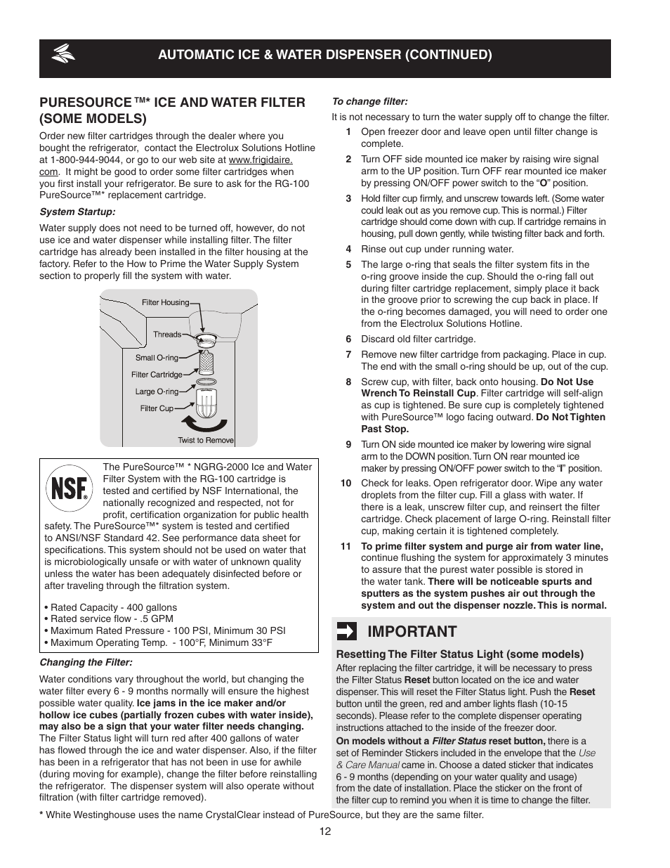 Important, Ice and water filter (some models) | FRIGIDAIRE 241856001 User Manual | Page 12 / 19