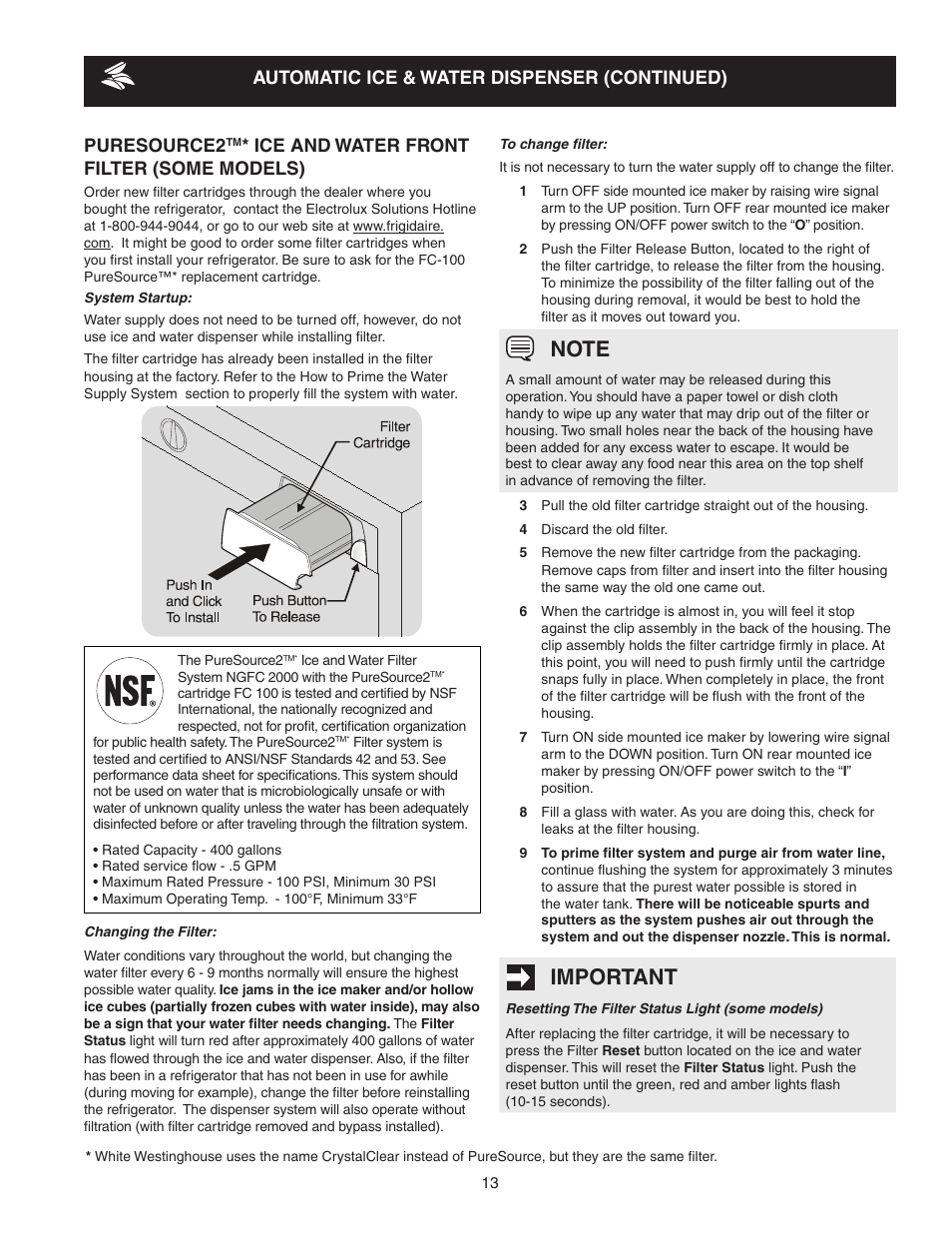 Important, Automatic ice & water dispenser (continued), Puresource2 | Ice and water front filter (some models) | FRIGIDAIRE 241856001 User Manual | Page 13 / 19