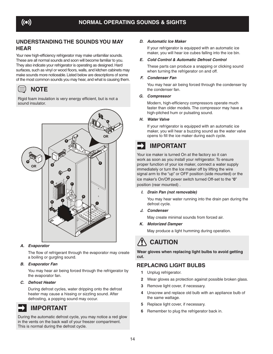 Important, Caution, Replacing light bulbs | FRIGIDAIRE 241856001 User Manual | Page 14 / 19