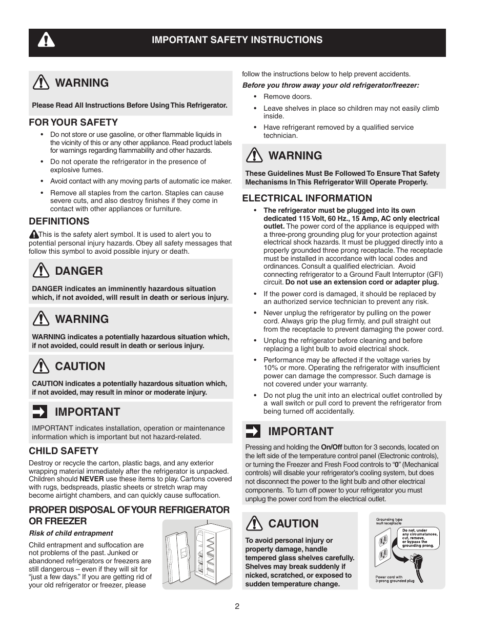 Warning, Important, Caution | Danger | FRIGIDAIRE 241856001 User Manual | Page 2 / 19