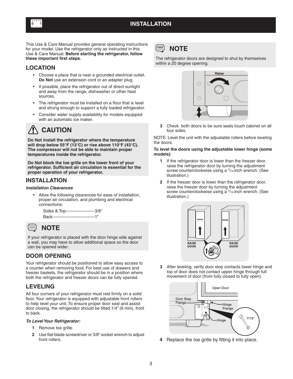 Caution, Location, Installation | Door opening, Leveling | FRIGIDAIRE 241856001 User Manual | Page 3 / 19