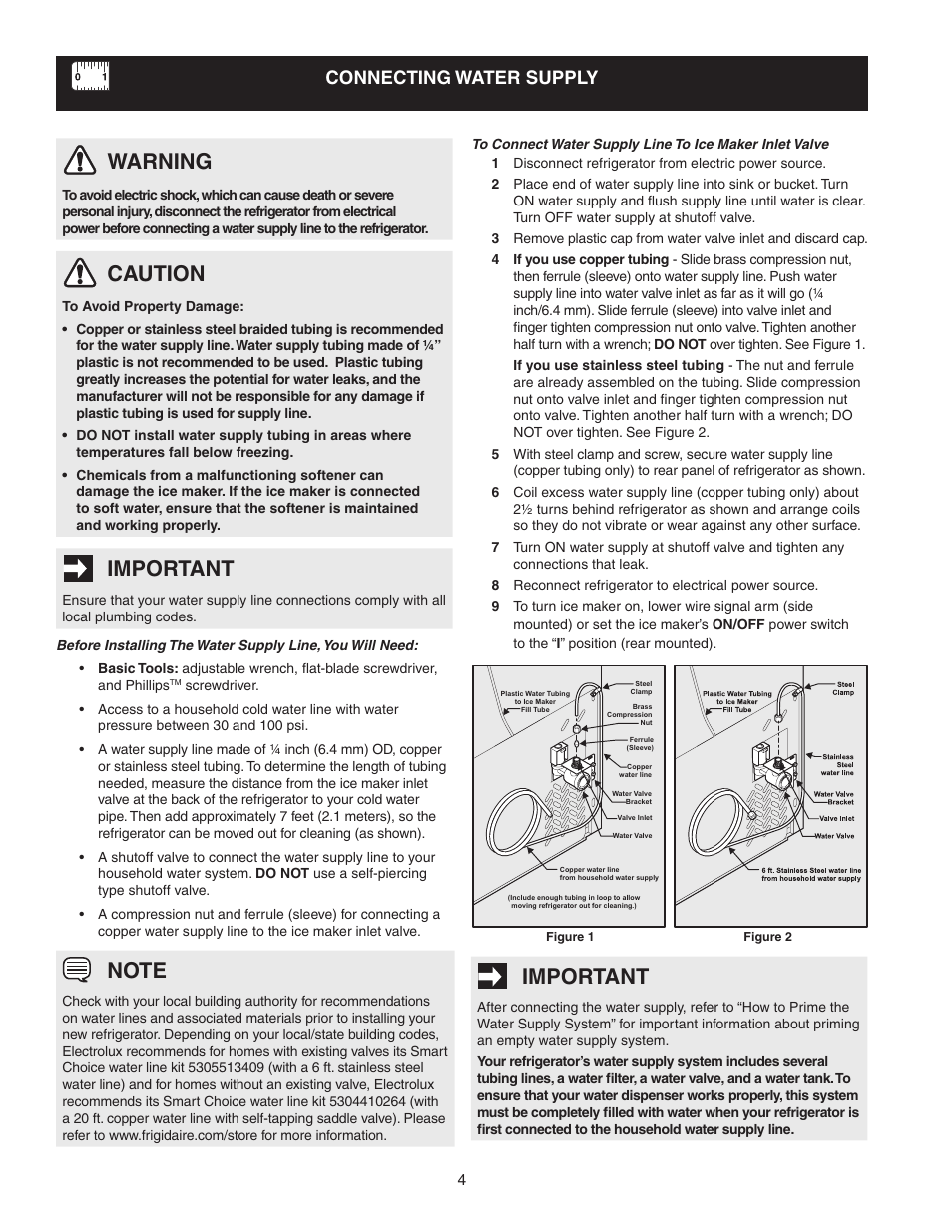 Warning, Caution, Important | Connecting water supply | FRIGIDAIRE 241856001 User Manual | Page 4 / 19