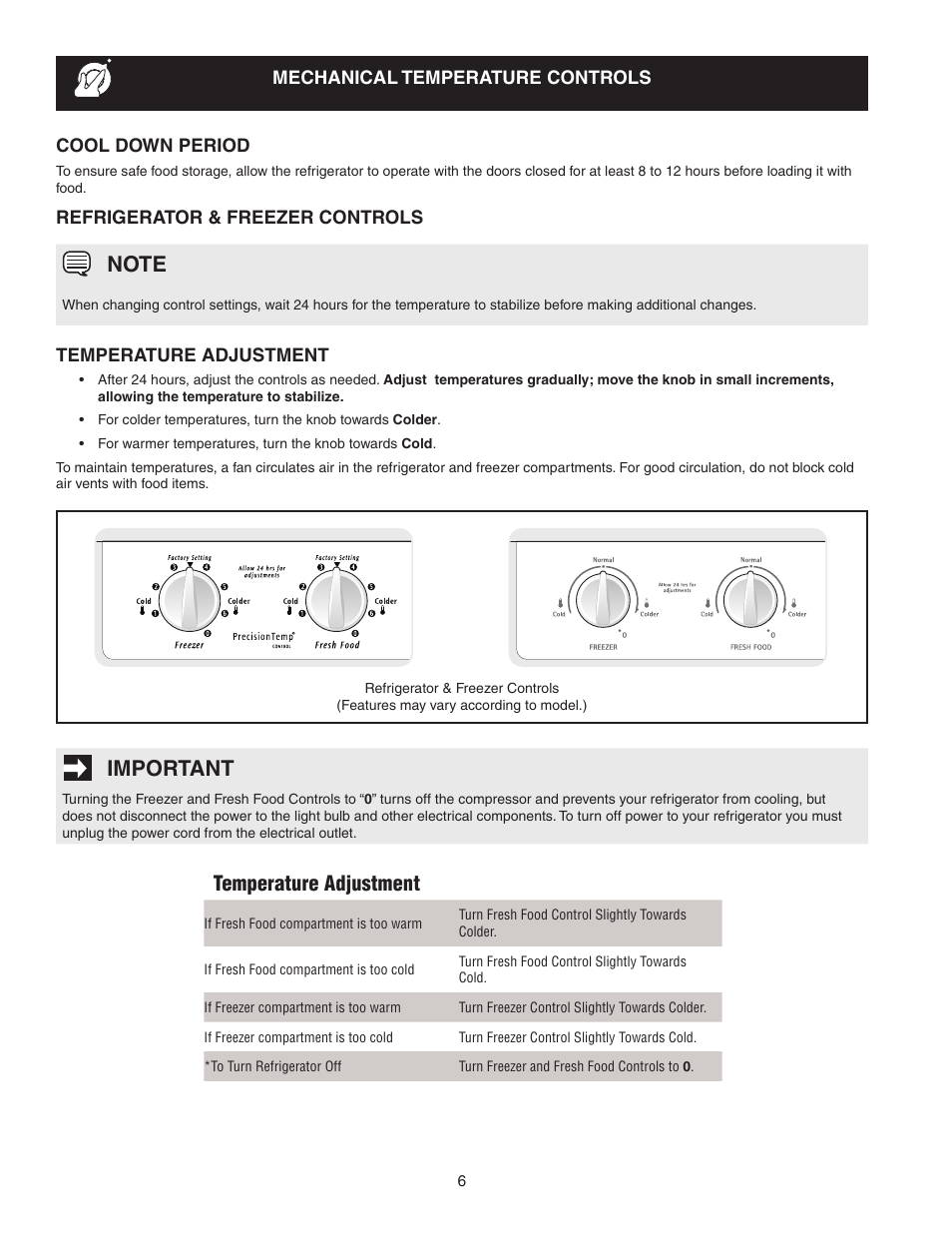 Important, Temperature adjustment | FRIGIDAIRE 241856001 User Manual | Page 6 / 19