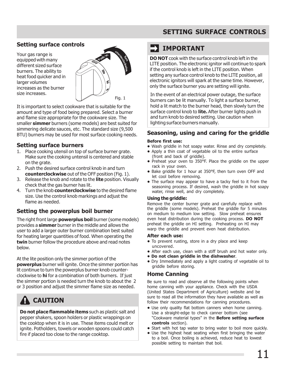 Setting surface controls, Caution, Important | FRIGIDAIRE 316901301 User Manual | Page 11 / 36