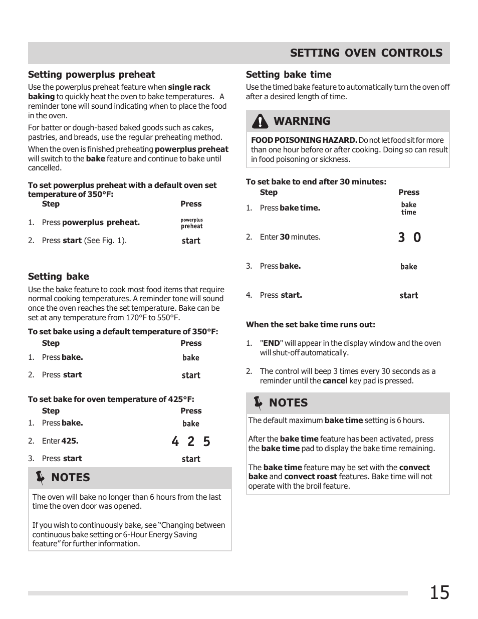 Setting oven controls, Warning | FRIGIDAIRE 316901301 User Manual | Page 15 / 36