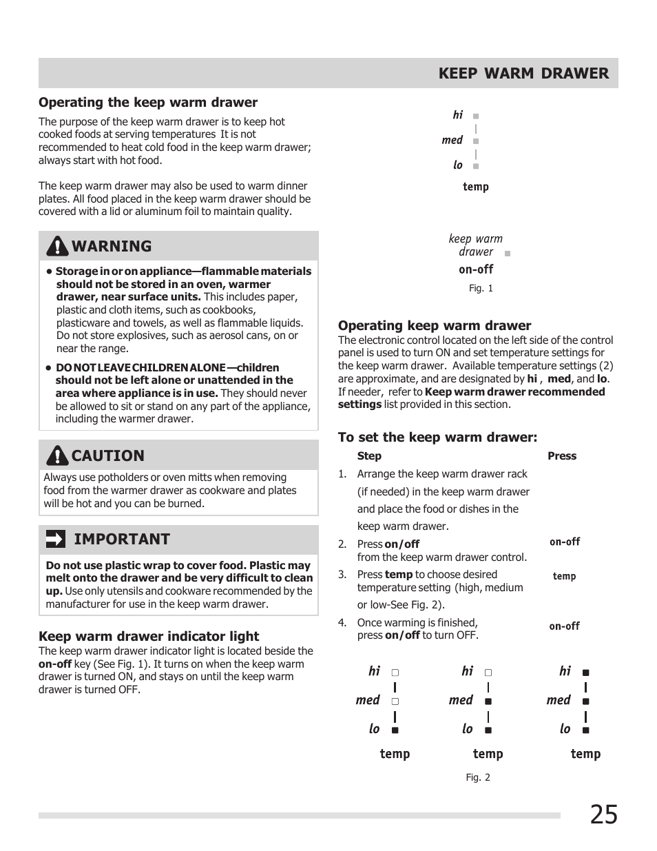 Keep warm drawer, Warning, Caution | Important | FRIGIDAIRE 316901301 User Manual | Page 25 / 36