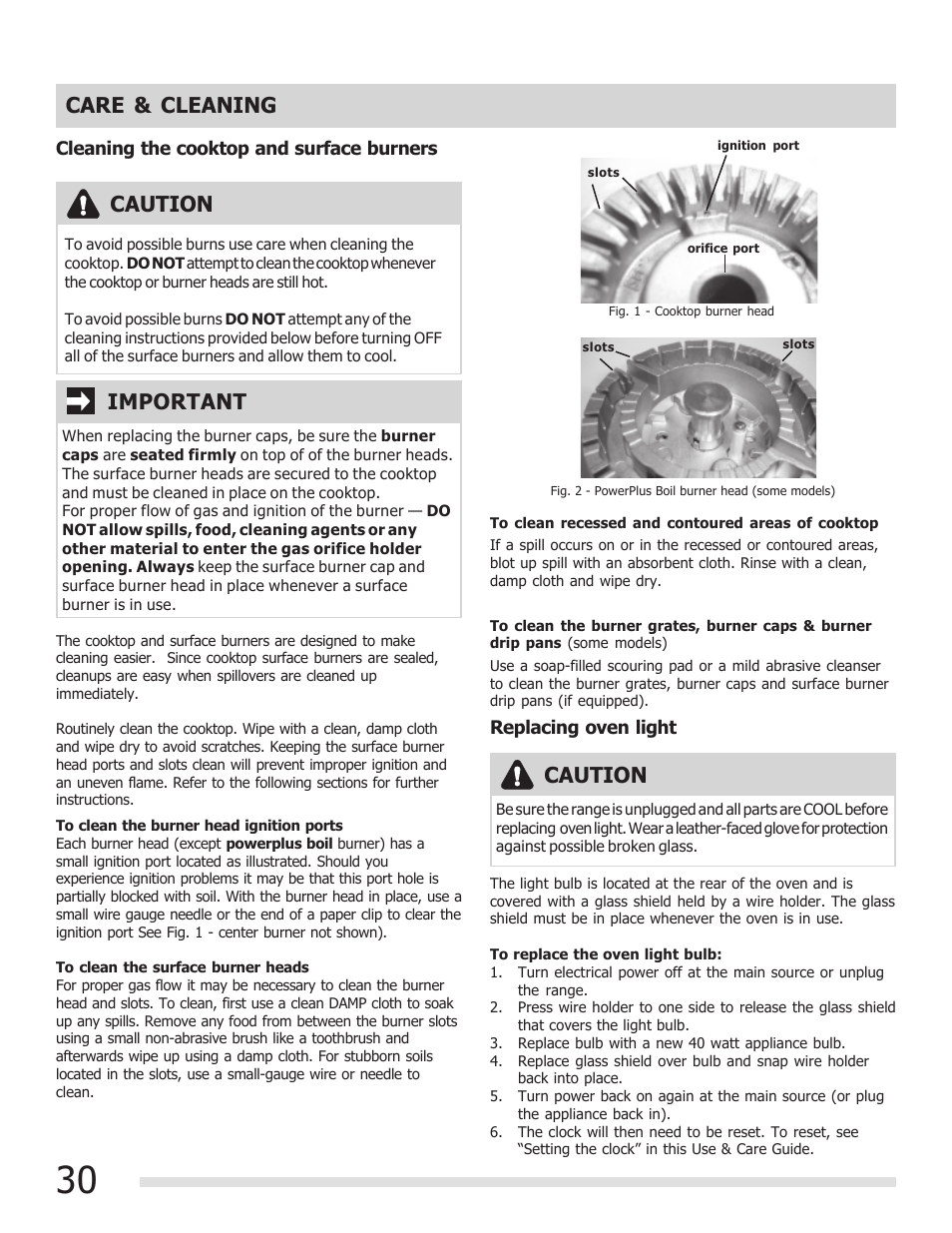 Caution, Important care & cleaning | FRIGIDAIRE 316901301 User Manual | Page 30 / 36