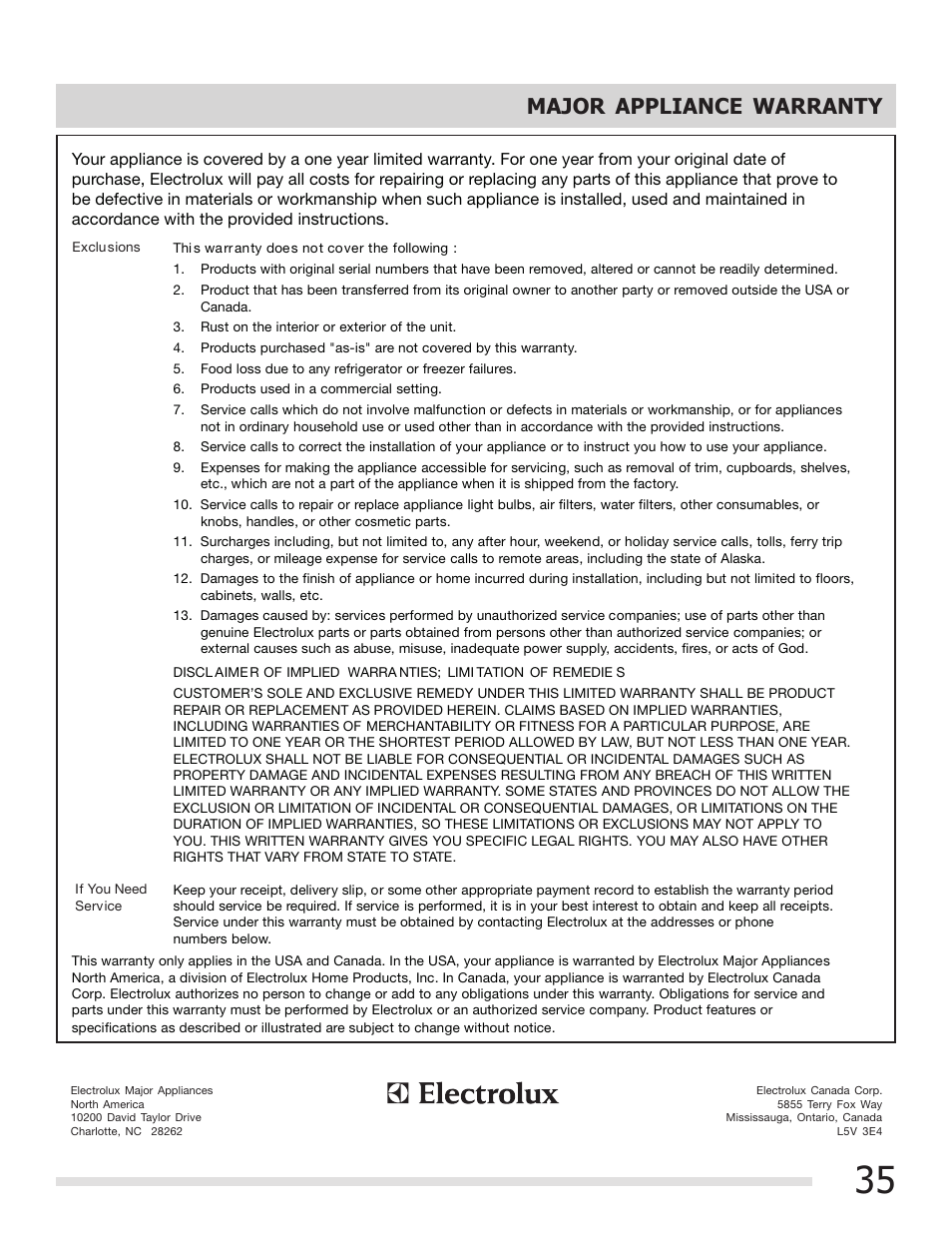 Major appliance warranty | FRIGIDAIRE 316901301 User Manual | Page 35 / 36