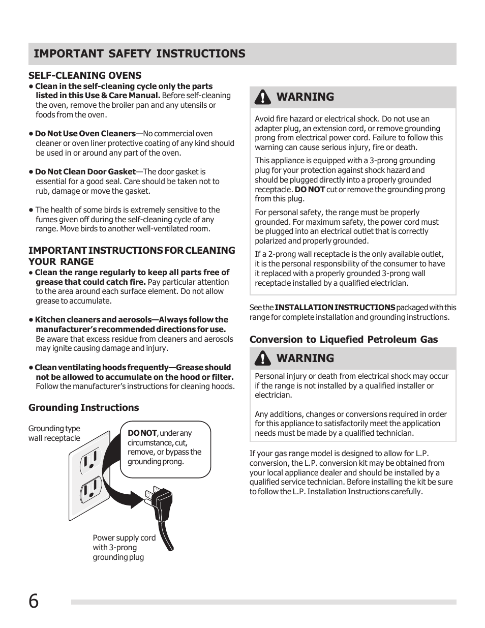 Important safety instructions, Warning | FRIGIDAIRE 316901301 User Manual | Page 6 / 36