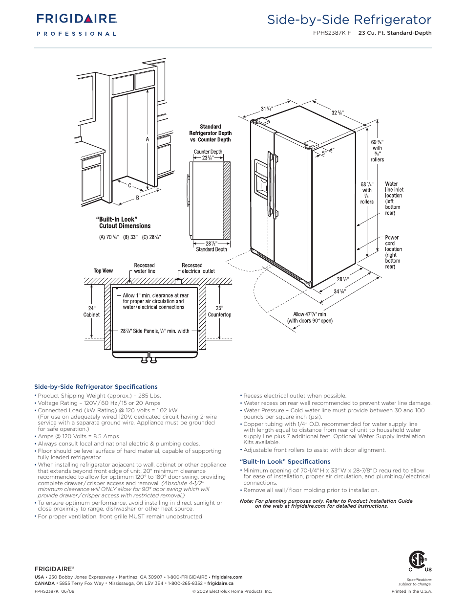 Side-by-side refrigerator | FRIGIDAIRE FPHS2387KF User Manual | Page 2 / 2