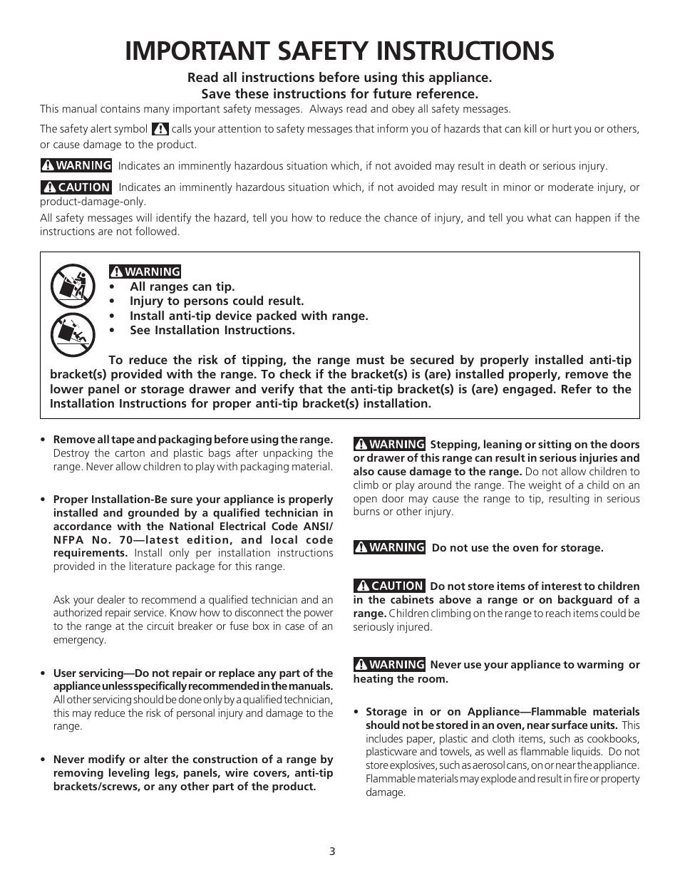 Important safety instructions | FRIGIDAIRE 318200710 User Manual | Page 3 / 28