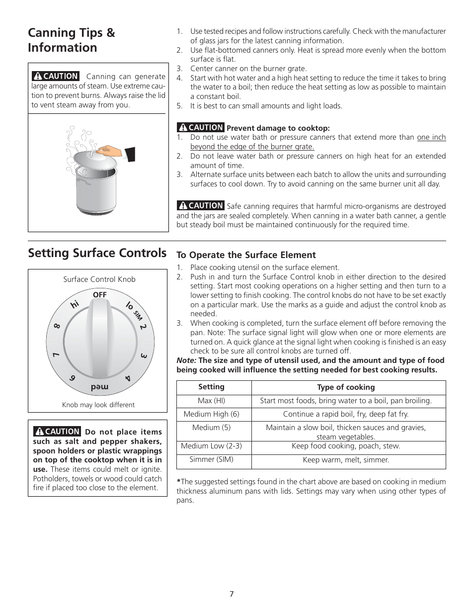 Canning tips & information, Setting surface controls | FRIGIDAIRE 318200710 User Manual | Page 7 / 28