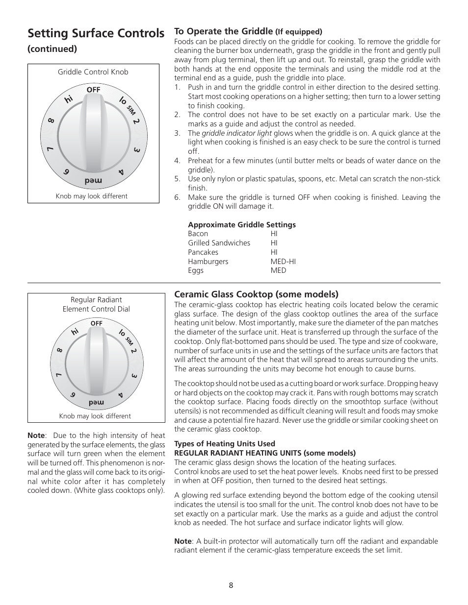 Setting surface controls | FRIGIDAIRE 318200710 User Manual | Page 8 / 28