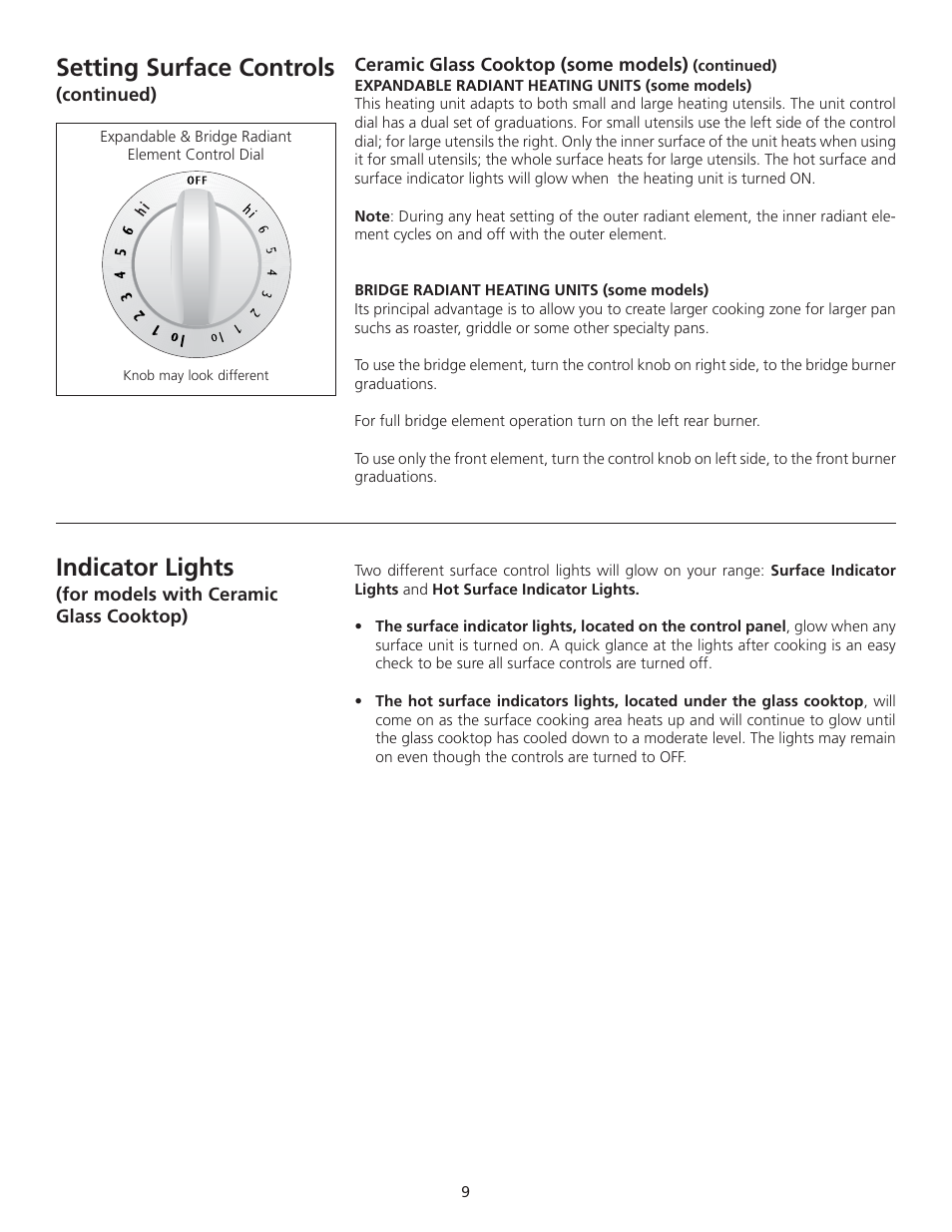 Setting surface controls, Indicator lights | FRIGIDAIRE 318200710 User Manual | Page 9 / 28