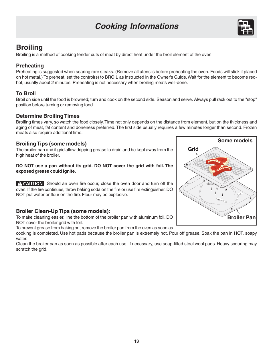 Cooking informations, Broiling | FRIGIDAIRE 318203877 User Manual | Page 13 / 22