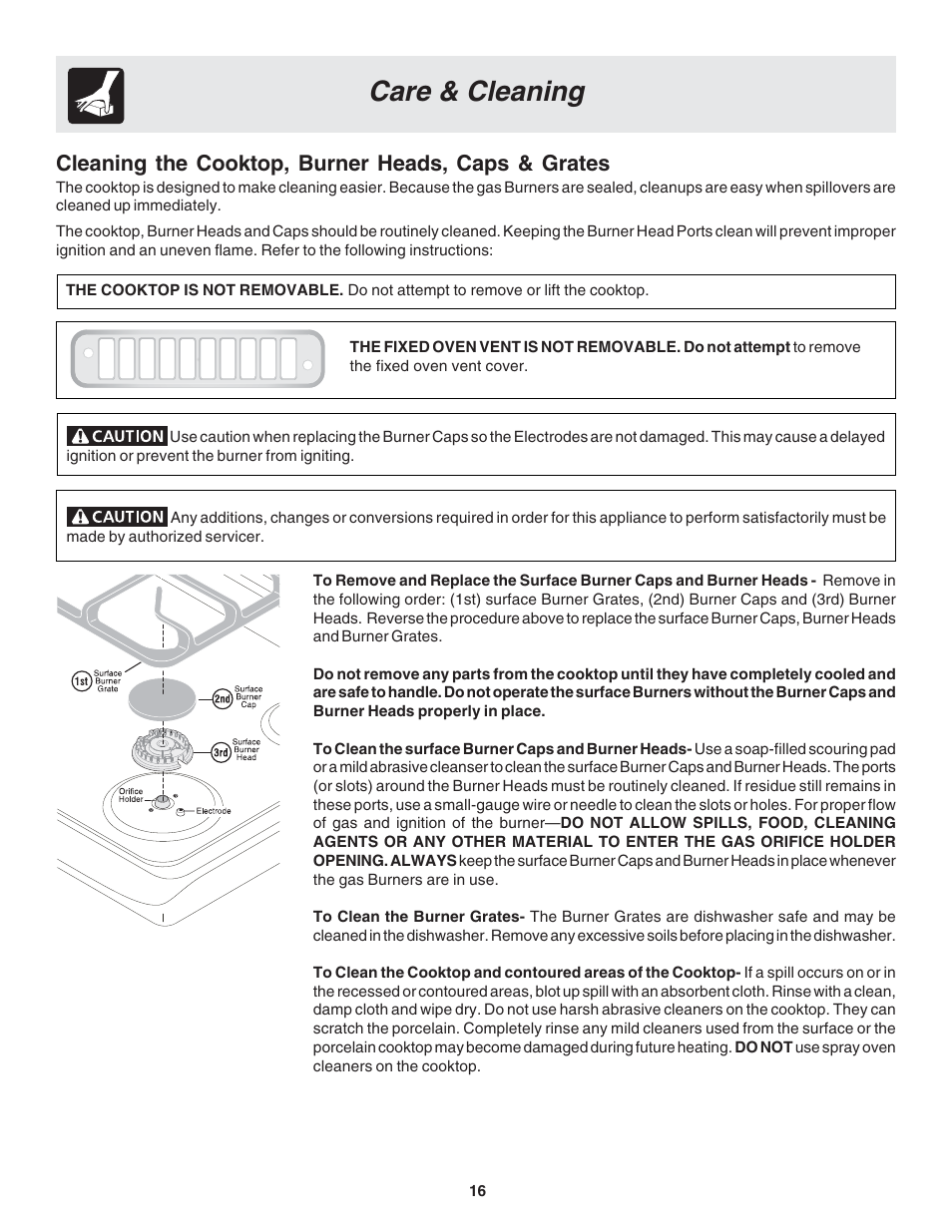 Care & cleaning, Cleaning the cooktop, burner heads, caps & grates | FRIGIDAIRE 318203877 User Manual | Page 16 / 22