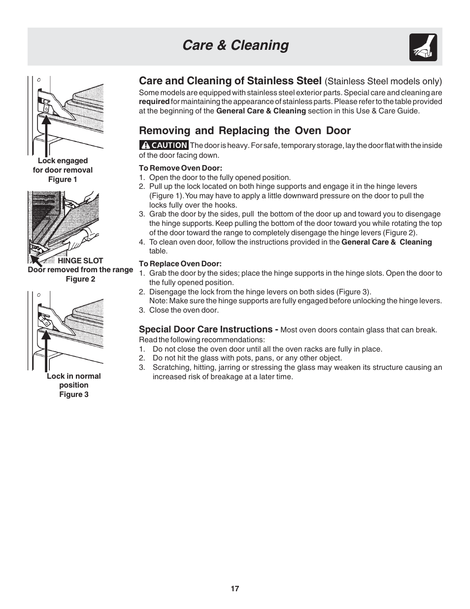 Care & cleaning, Care and cleaning of stainless steel, Removing and replacing the oven door | FRIGIDAIRE 318203877 User Manual | Page 17 / 22