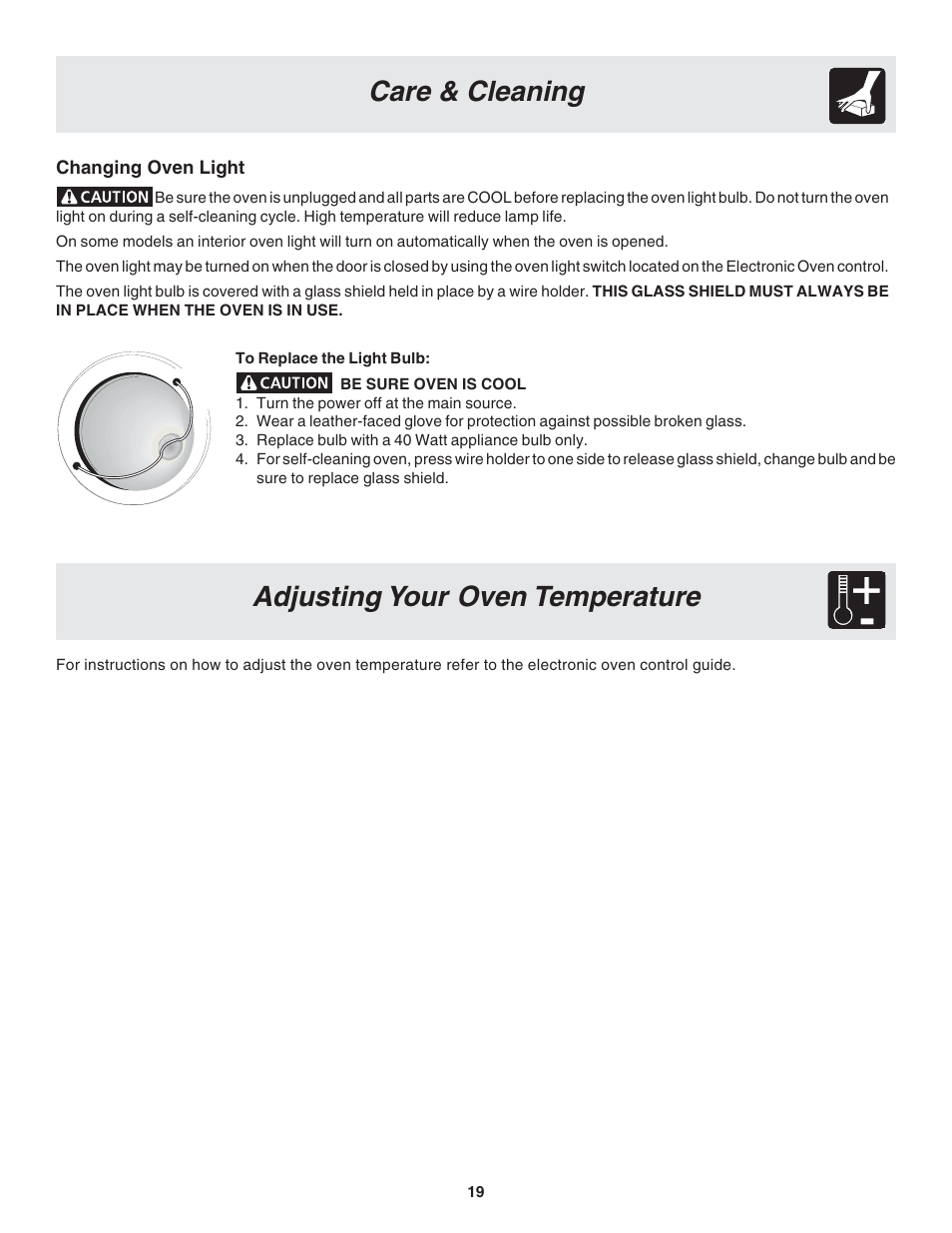 Adjusting your oven temperature, Care & cleaning | FRIGIDAIRE 318203877 User Manual | Page 19 / 22