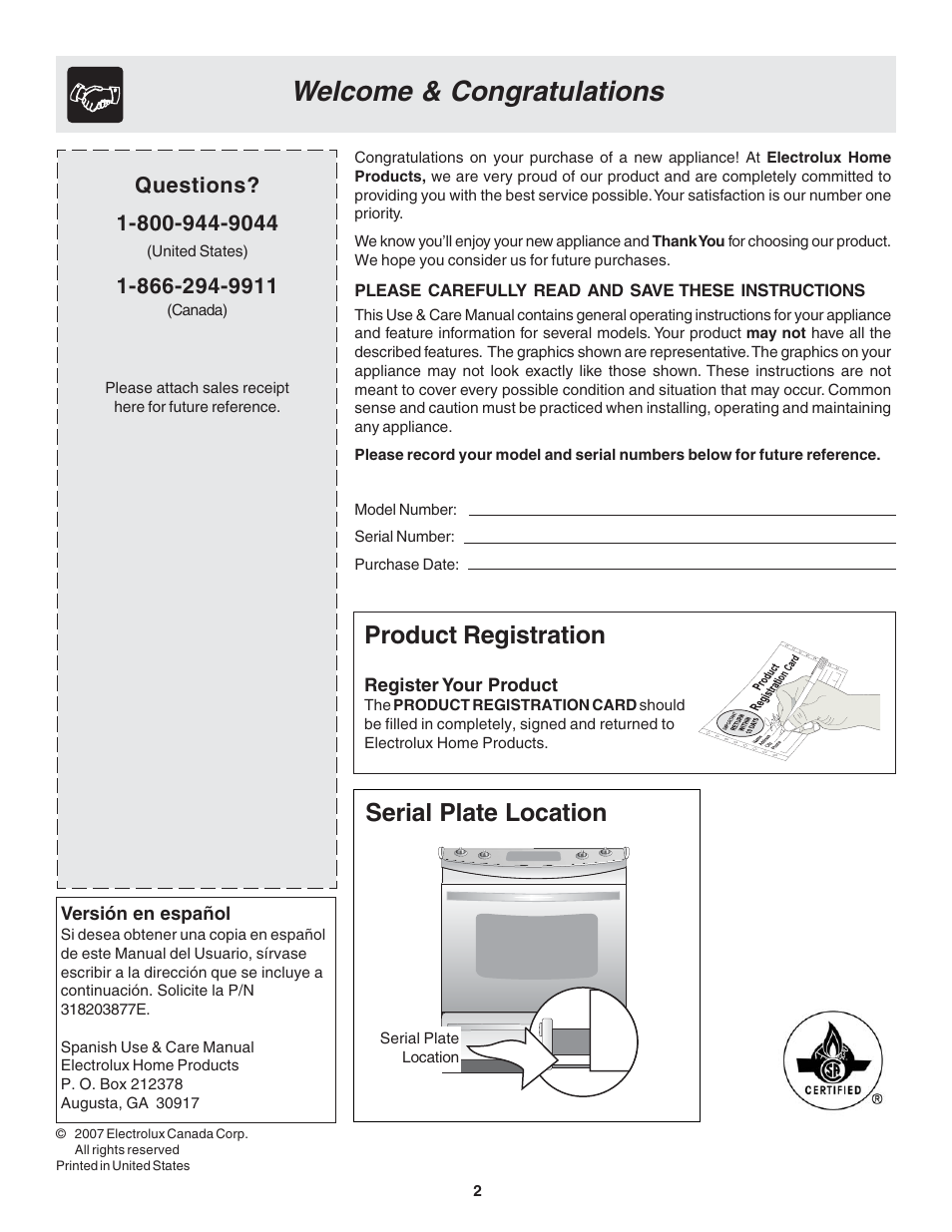 Product registration, Serial plate location | FRIGIDAIRE 318203877 User Manual | Page 2 / 22