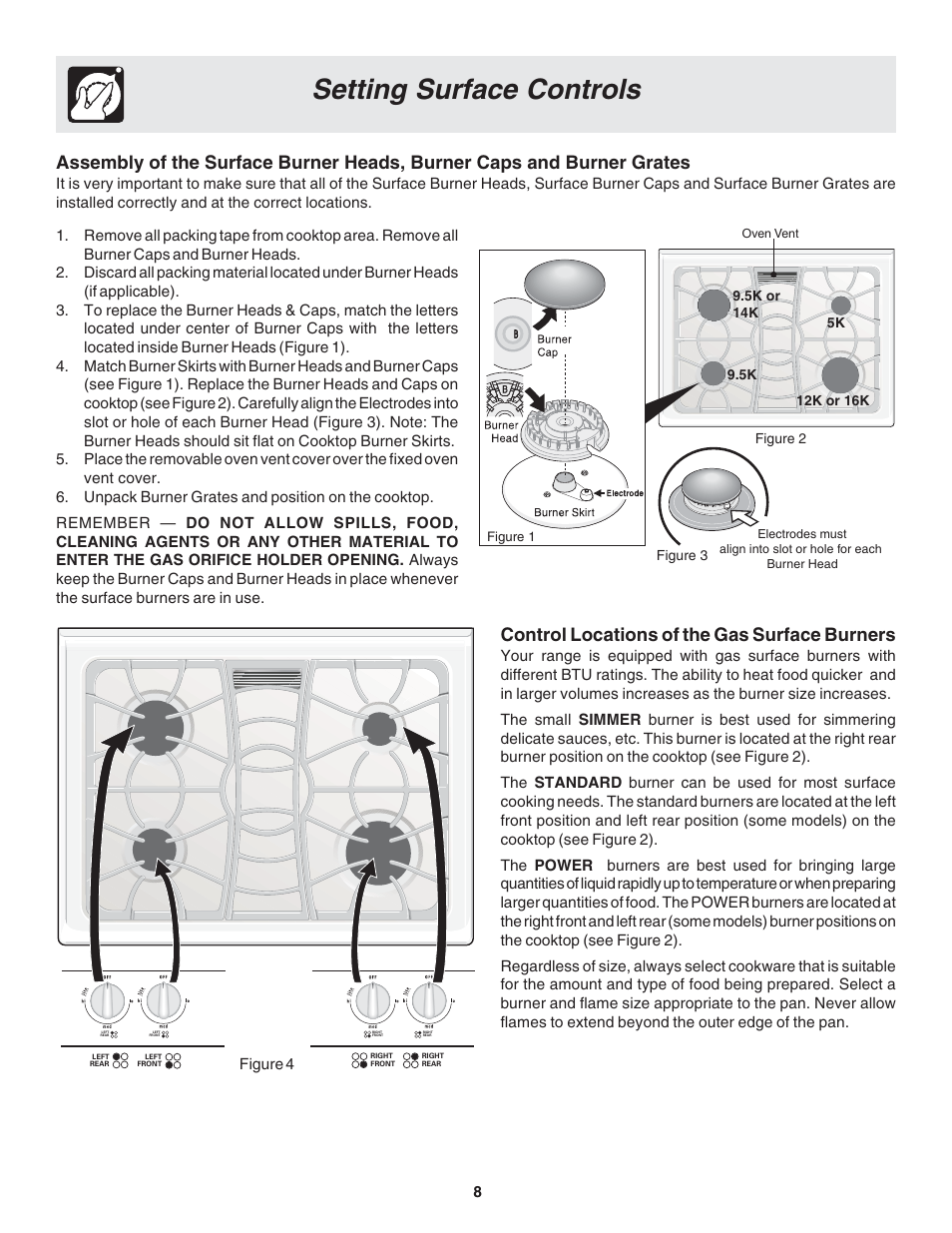 Setting surface controls, Control locations of the gas surface burners | FRIGIDAIRE 318203877 User Manual | Page 8 / 22