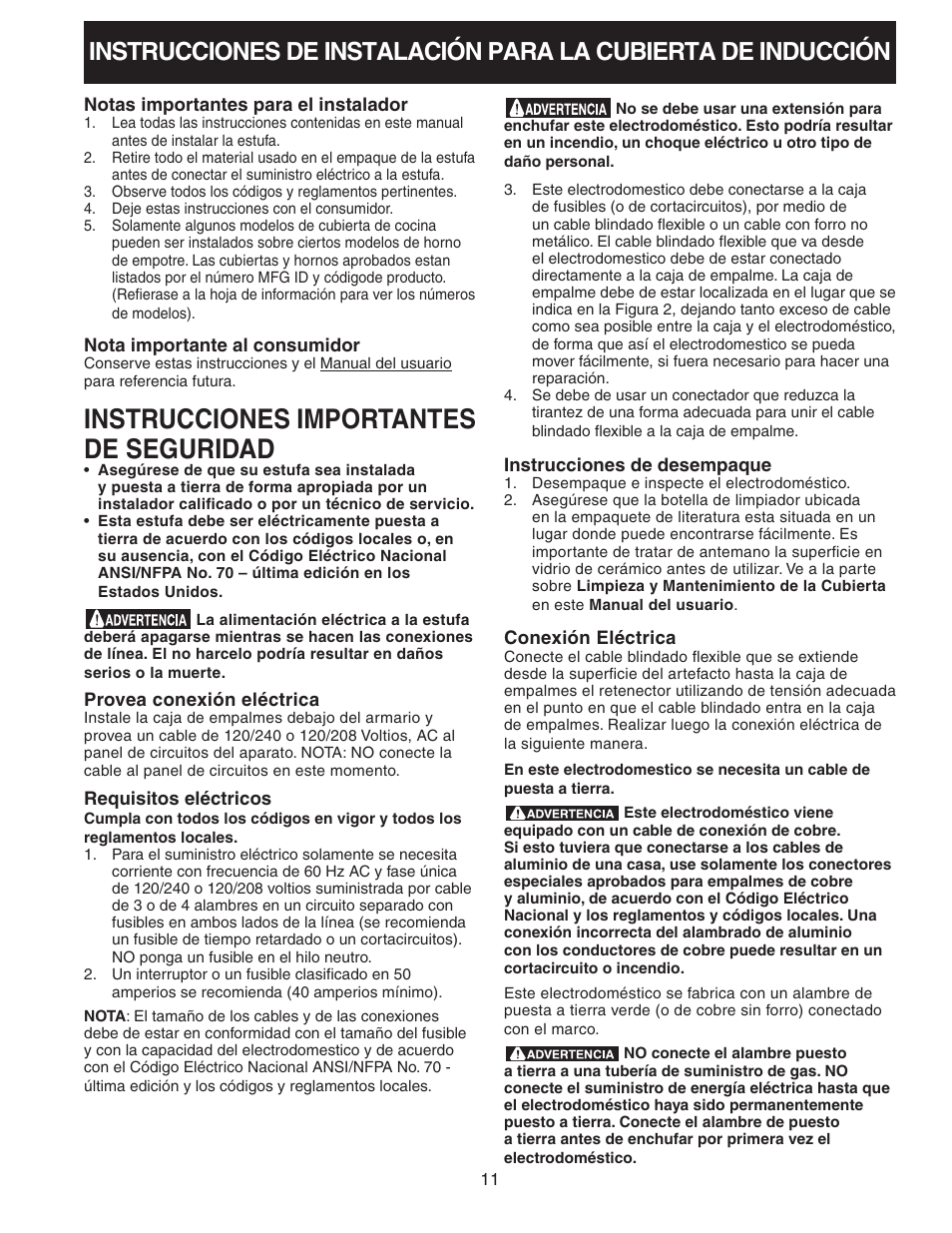 Instrucciones importantes de seguridad | FRIGIDAIRE 318205412 User Manual | Page 11 / 24