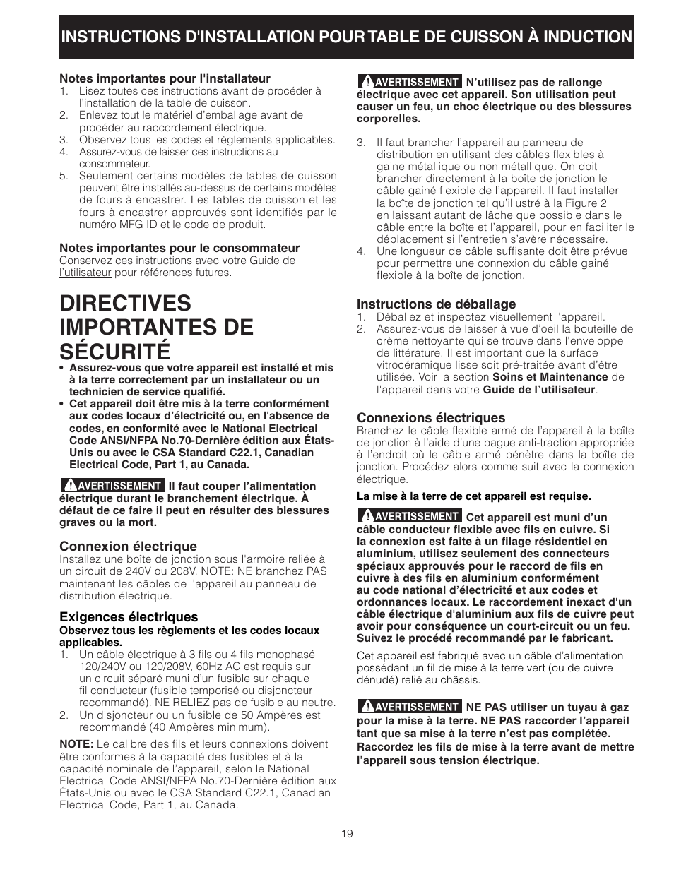 Directives importantes de sécurité | FRIGIDAIRE 318205412 User Manual | Page 19 / 24