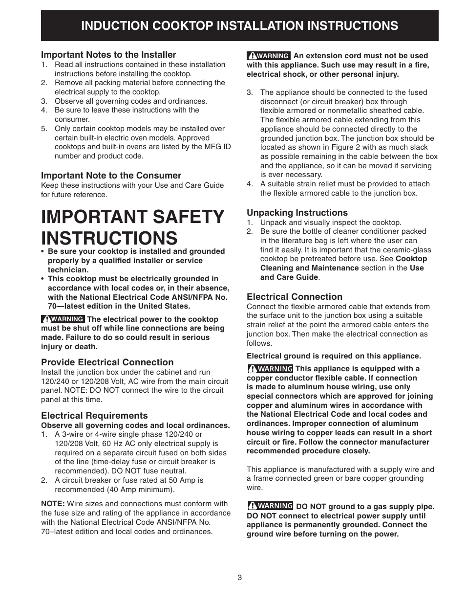 Important safety instructions, Induction cooktop installation instructions | FRIGIDAIRE 318205412 User Manual | Page 3 / 24