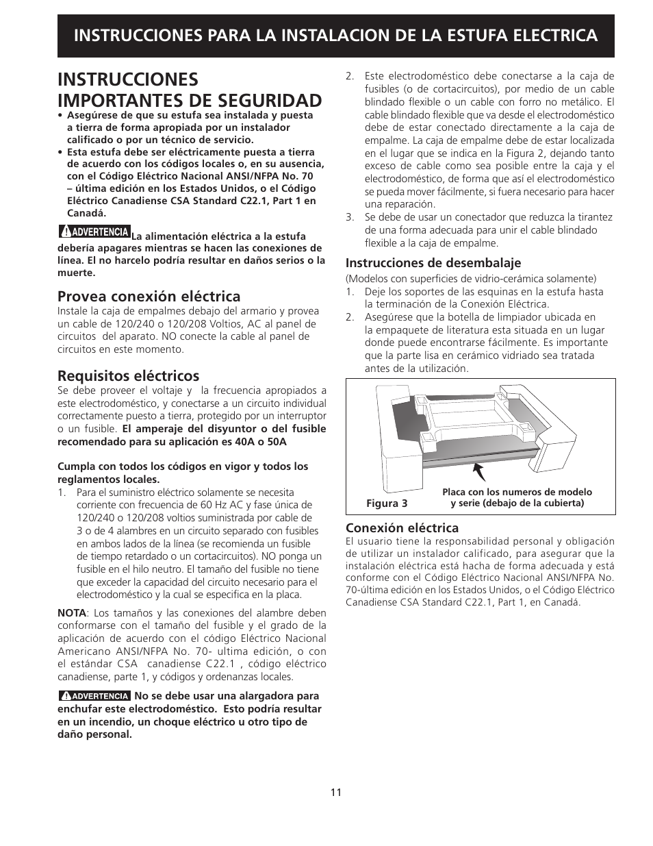 Instrucciones importantes de seguridad, Provea conexión eléctrica, Requisitos eléctricos | FRIGIDAIRE 318205403 User Manual | Page 11 / 24