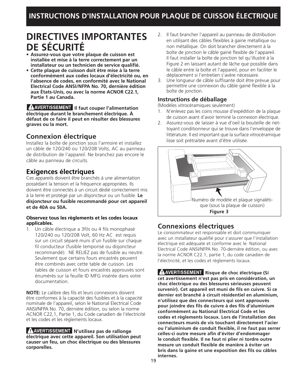 Directives importantes de sécurité, Connexion électrique, Exigences électriques | Connexions électriques | FRIGIDAIRE 318205403 User Manual | Page 19 / 24