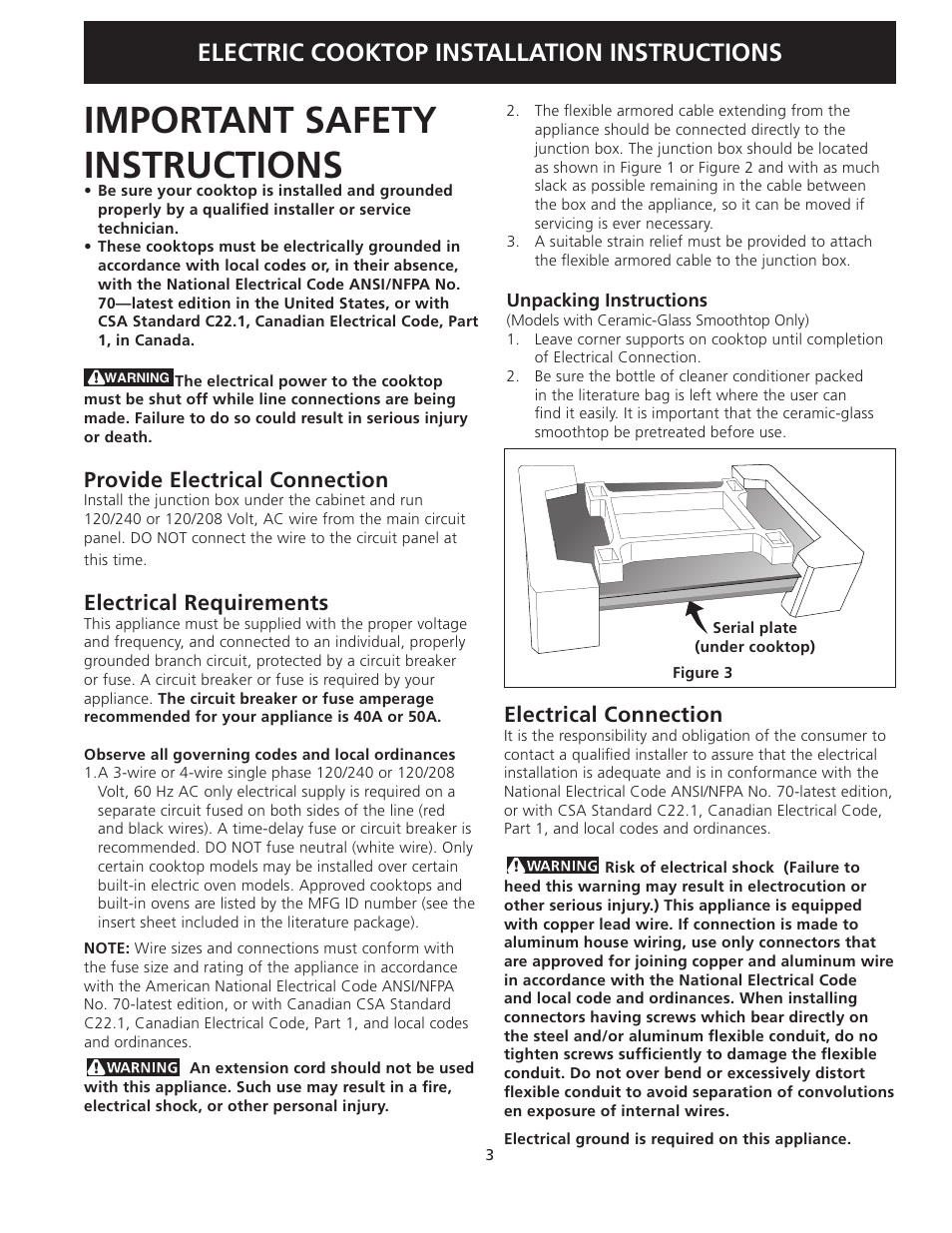 Important safety instructions, Electric cooktop installation instructions, Provide electrical connection | Electrical requirements, Electrical connection | FRIGIDAIRE 318205403 User Manual | Page 3 / 24
