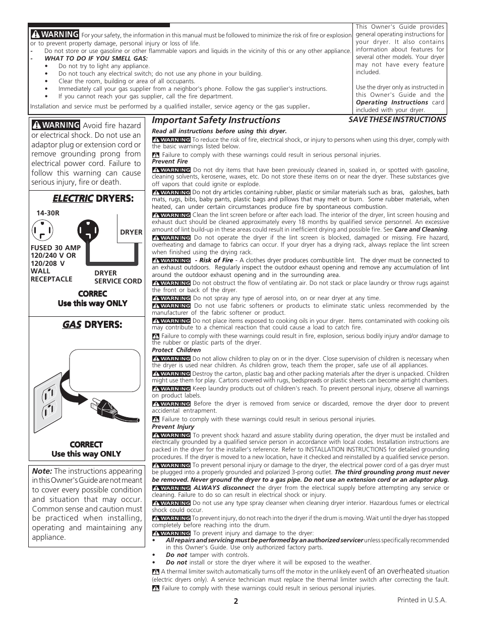 Electric, Dryers, Important safety instructions | FRIGIDAIRE 134672000A User Manual | Page 2 / 6