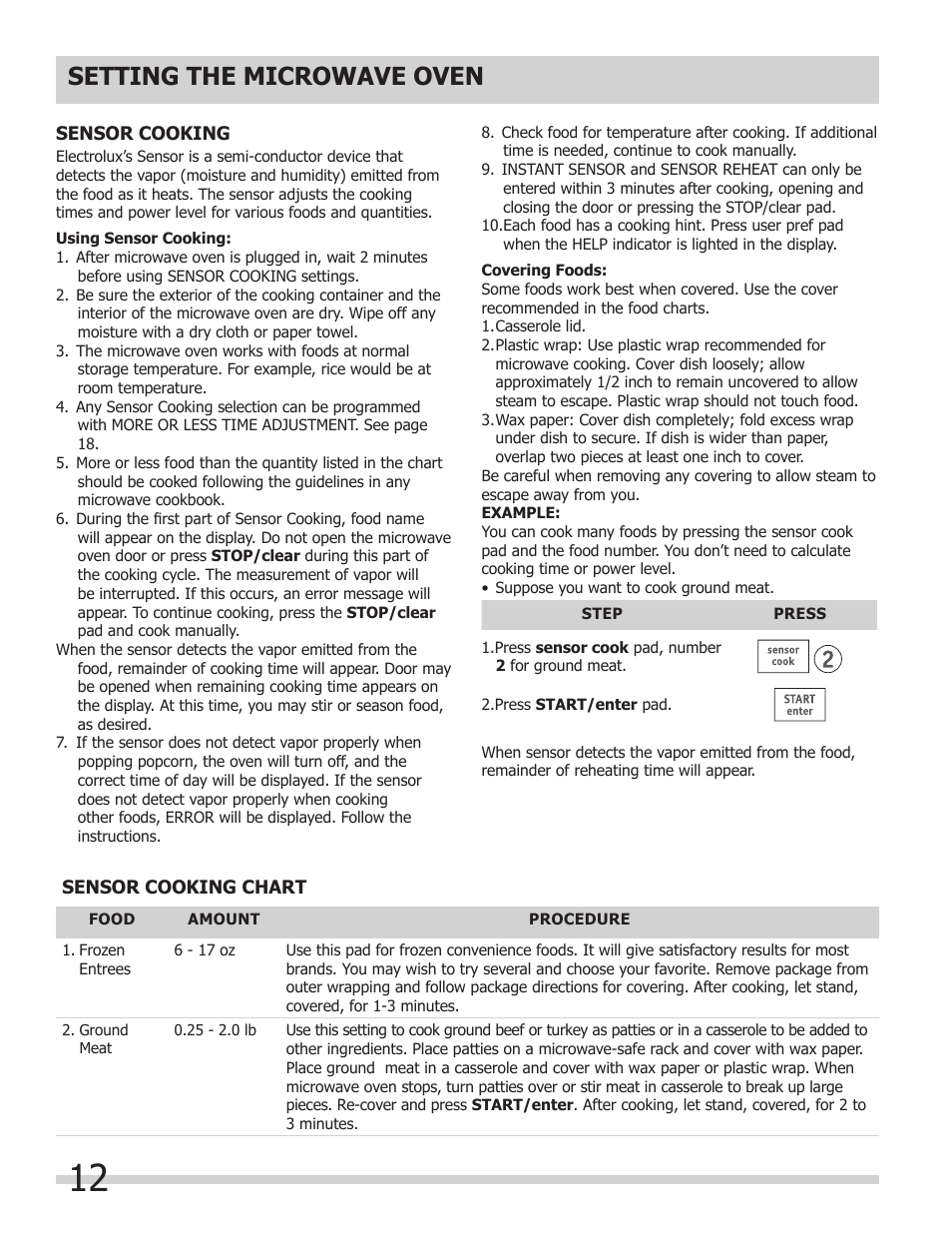 Setting the microwave oven | FRIGIDAIRE 318205149 User Manual | Page 12 / 44