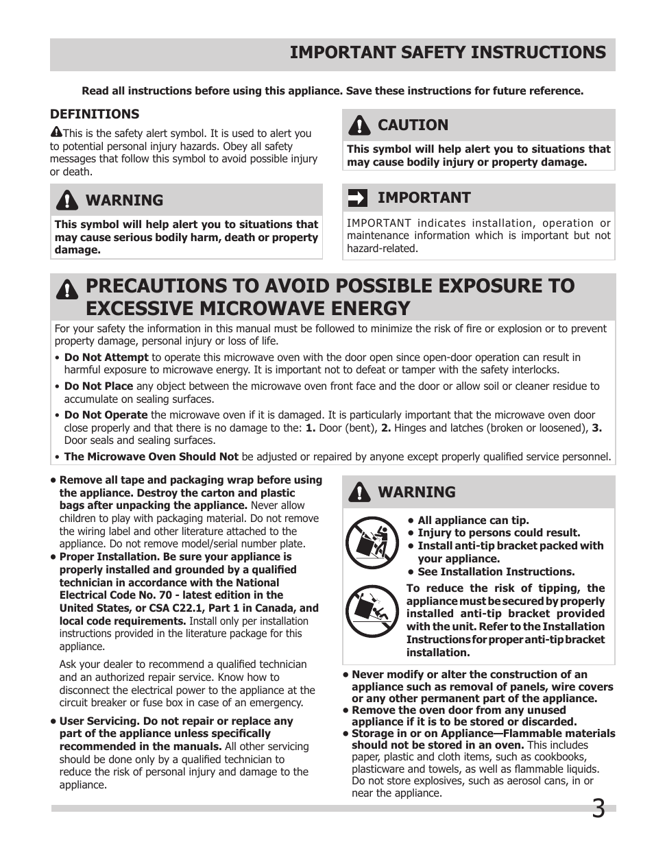 Important safety instructions, Warning, Important | Caution | FRIGIDAIRE 318205149 User Manual | Page 3 / 44