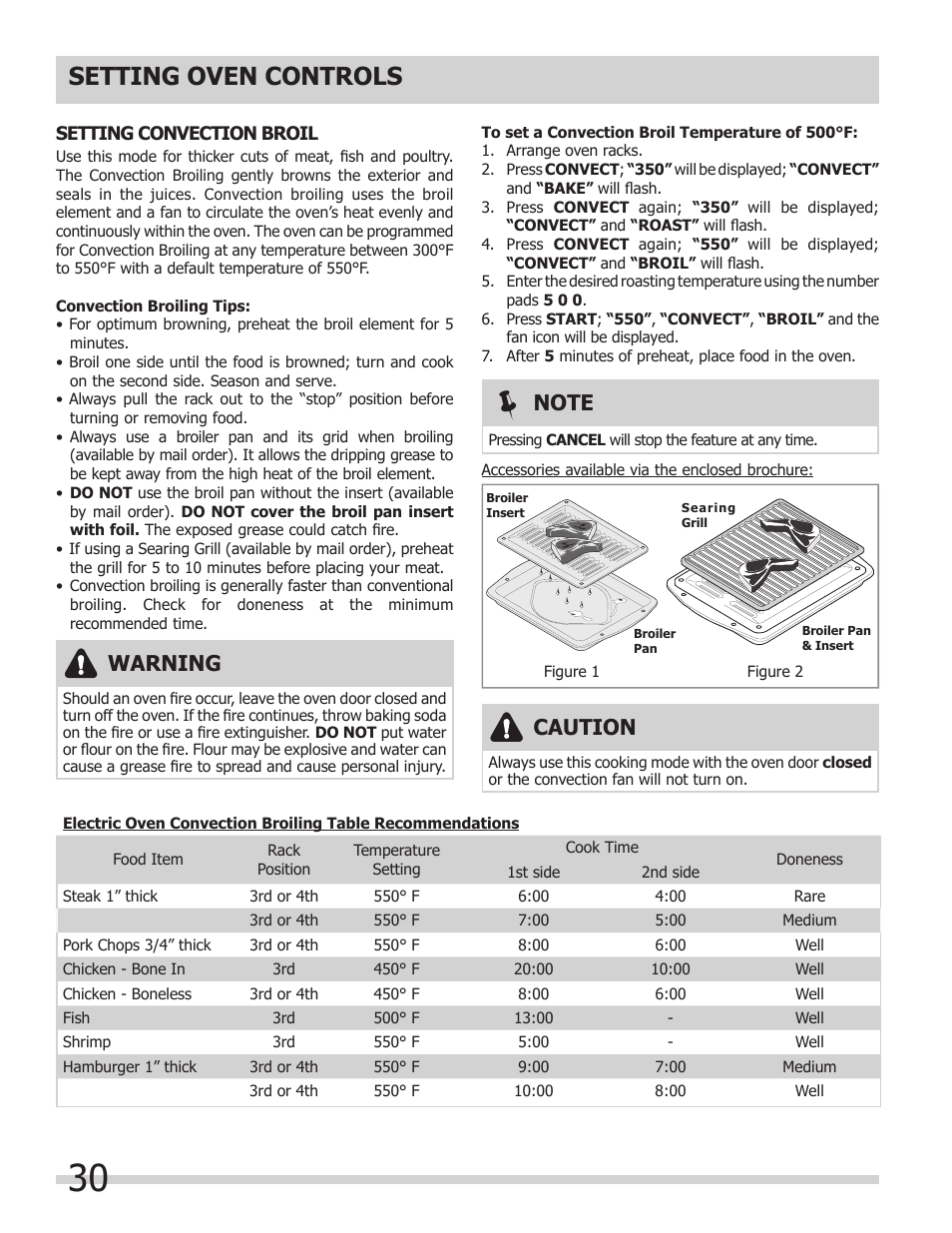 Setting oven controls, Warning, Caution | FRIGIDAIRE 318205149 User Manual | Page 30 / 44