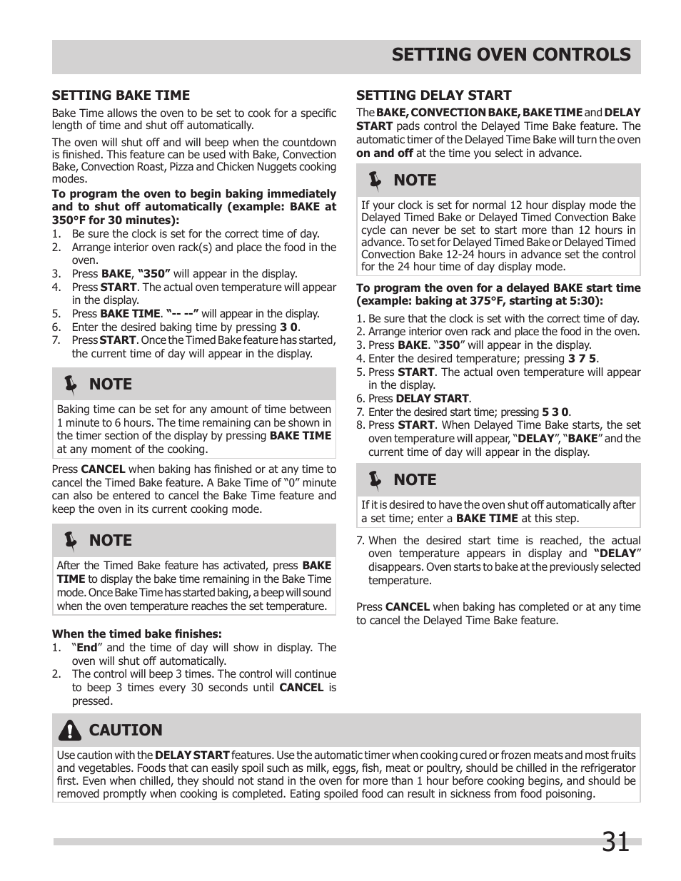 Setting oven controls, Caution | FRIGIDAIRE 318205149 User Manual | Page 31 / 44