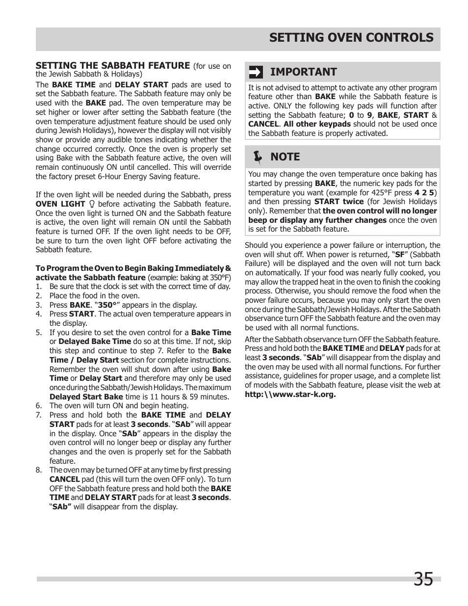 Setting oven controls, Important | FRIGIDAIRE 318205149 User Manual | Page 35 / 44