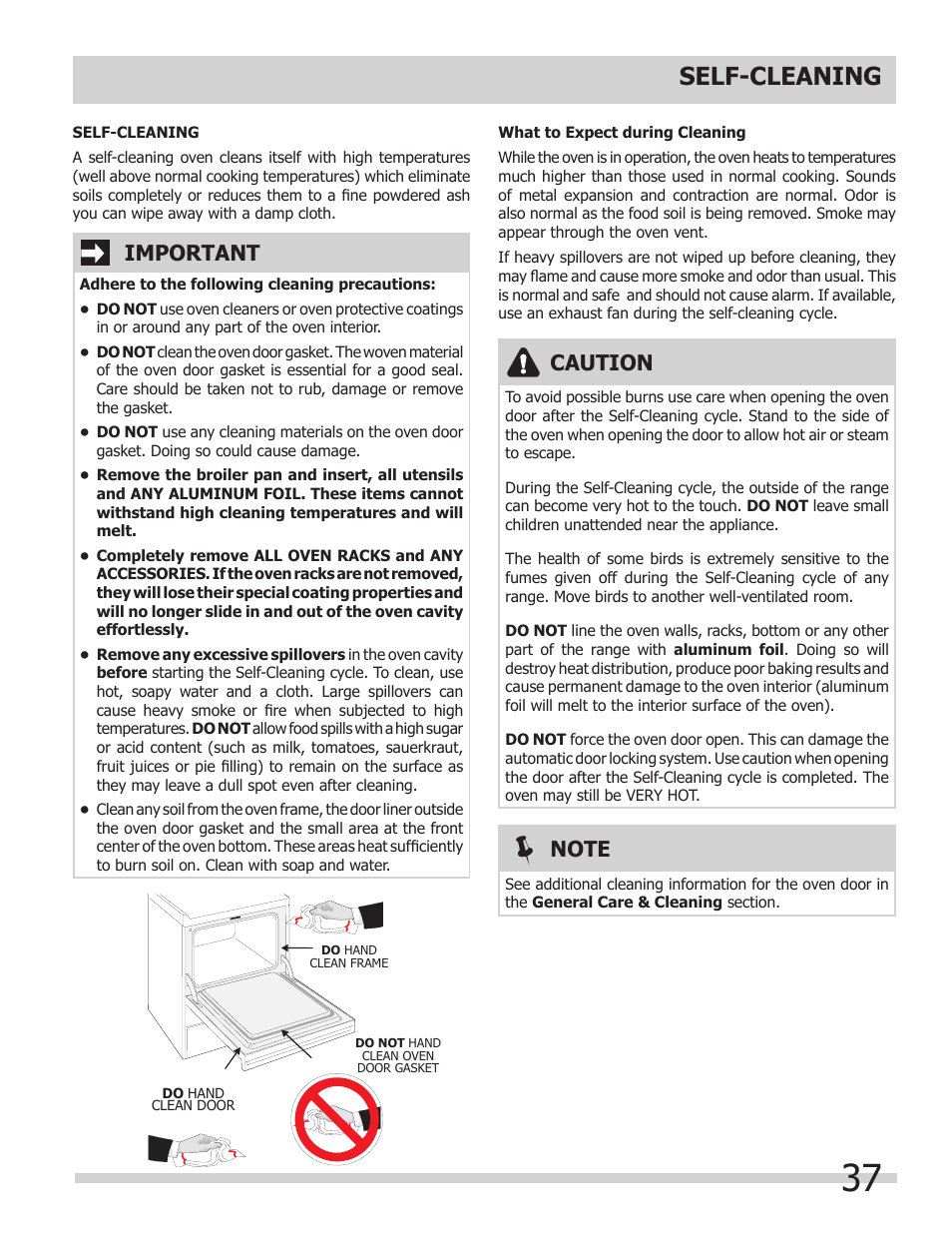 Self-cleaning, Caution, Important | FRIGIDAIRE 318205149 User Manual | Page 37 / 44