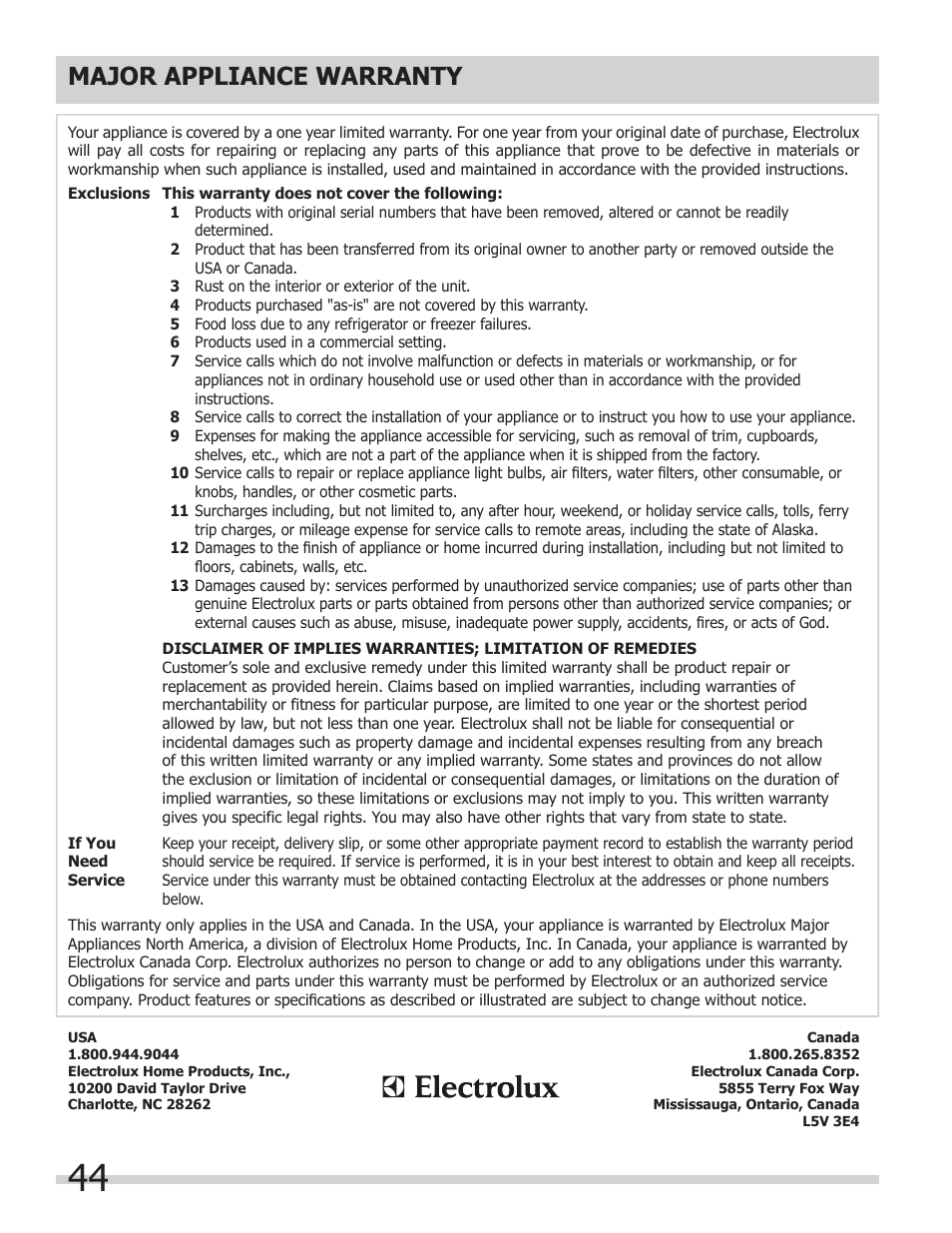 Major appliance warranty | FRIGIDAIRE 318205149 User Manual | Page 44 / 44