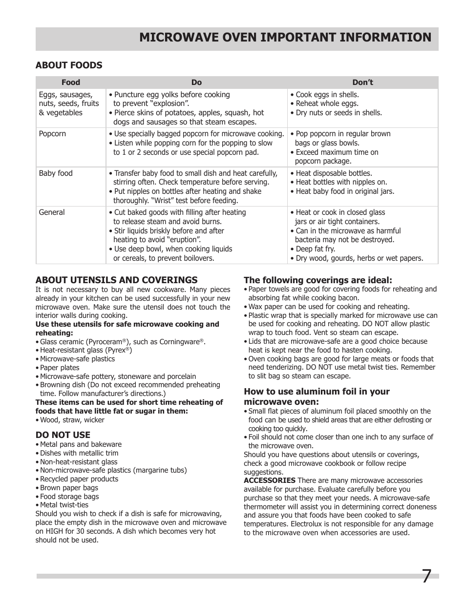 Microwave oven important information | FRIGIDAIRE 318205149 User Manual | Page 7 / 44