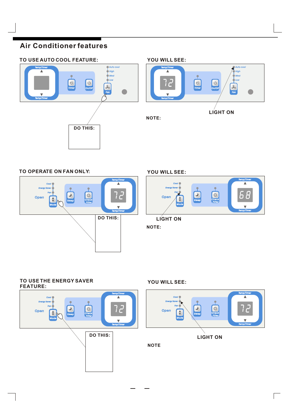 Т³гж 7, Air conditioner features, Continued) | Light on, Do this: press to select auto cool | FRIGIDAIRE 819042059-01 User Manual | Page 7 / 11
